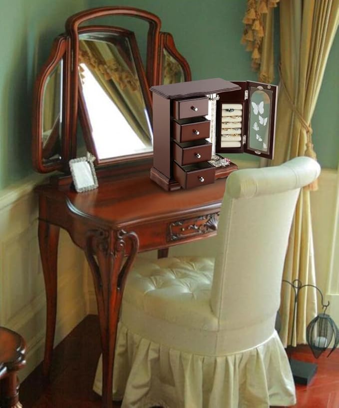 RR ROUND RICH DESIGN Jewelry Box - Made of Solid Wood with 4 Drawers Organizer and Built-in Necklace Carousel and Large Mirror Brown