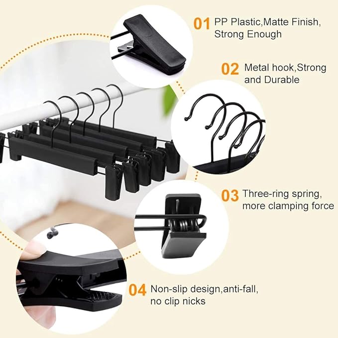 30 Pack Skirt Hangers，Pants Hangers with Clips，360 ° Swivel Hooks Space Saving Hangers for Pants, Skirts, Clothes, Jeans, Black