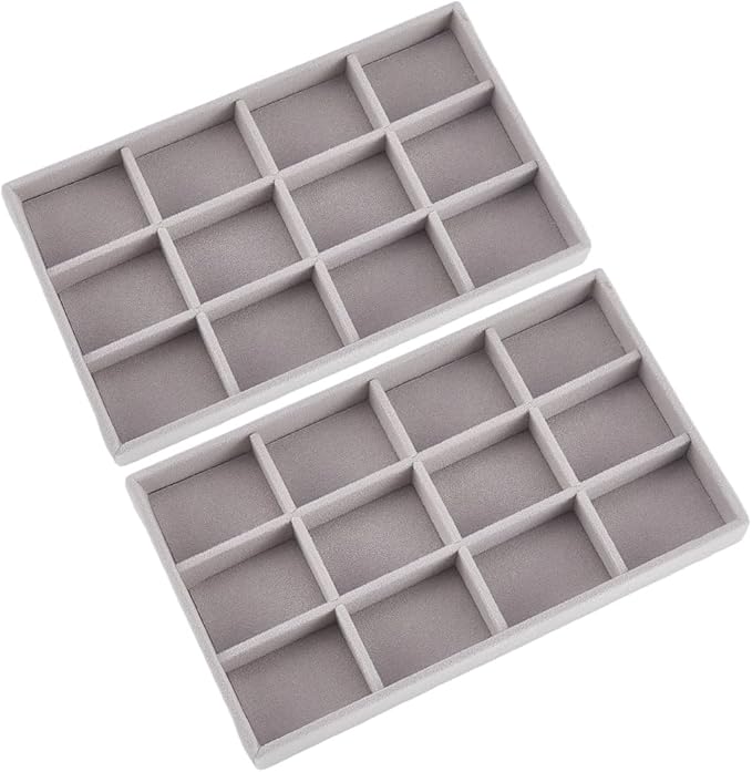 2Pcs 5 x 8.3 Inch Velvet Jewelry Trays Stackable Jewelry Organizer Removable Divider 12 Grids Divided Gray Necklace Storage Container Box Dresser Drawer Case for Earring Ring Display Showcase