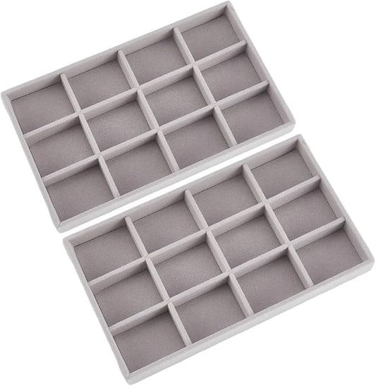2Pcs 5 x 8.3 Inch Velvet Jewelry Trays Stackable Jewelry Organizer Removable Divider 12 Grids Divided Gray Necklace Storage Container Box Dresser Drawer Case for Earring Ring Display Showcase