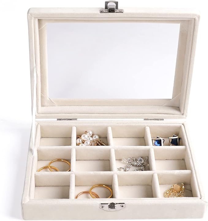 Frebeauty Jewelry Organizer Tray with Clear Lid - 12 Grid Velvet Drawer Insert Storage Box - Transparent Lid Display Case - Gift for Women (Beige, 12 Grid)