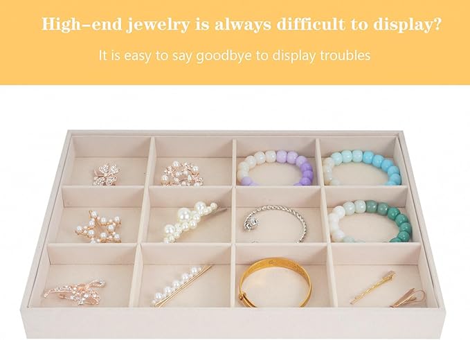 Large Velvet Jewelry Tray, Drawer Organizer for Jewelry in Dresser, Stackable Jewelry Drawer Organizer Inserts for Earring Necklace Bracelet Rings(Beige,12grid)