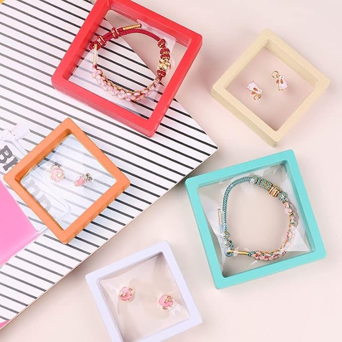 12PCS 3D Floating Frame Display Stand, Jewelry Box, Gift Box, Ornament Organizer, Small Travel Jewelry Box, PE Film Anti-Oxidation, Suspended Display Box Stackable (2.75 * 2.75，Type 4)