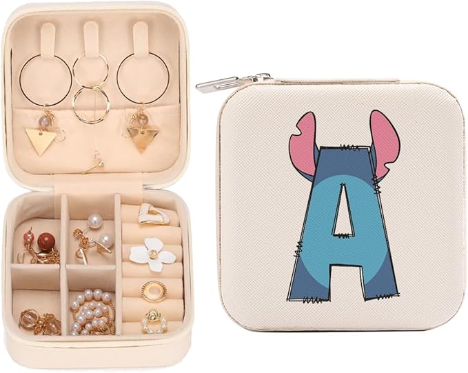 LONGXIN Cute Cartoon Gifts, Initial Travel Jewelry Case Small Jewelry Box Organizer, Personalized Gifts for Women Teen Girls, Birthday Christmas Gifts for Cartoon Lovers, Letter A