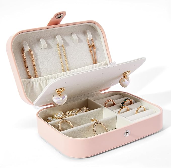 Smileshe Jewelry Box, PU Leather Small Portable Travel Case, 2 Layers Organizer Display Storage Holder Box for Rings, Earrings, Necklaces, Bracelets