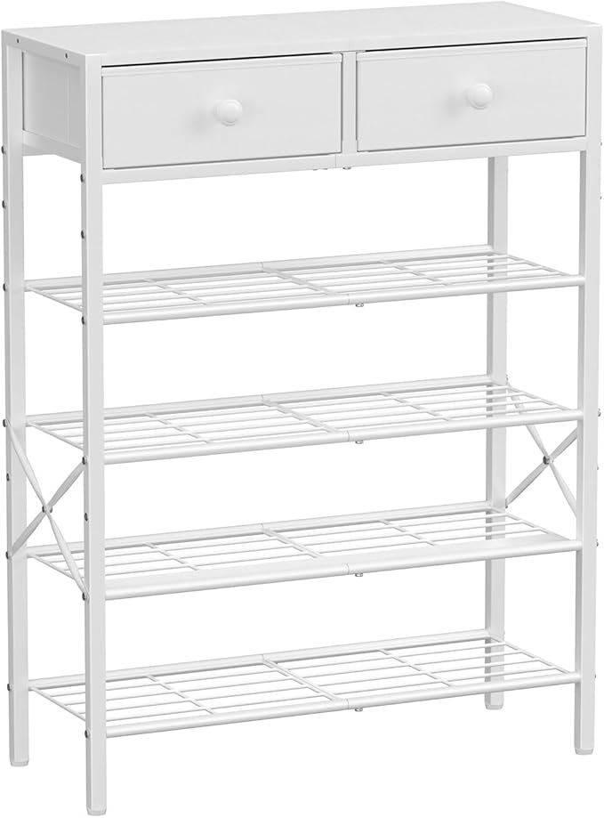 Shoe Rack for Entryway, 5 Tier Shoe Organizer with 2 Non-Woven Drawers, Metal Storage Shoe Shelf for 16-20 Pairs of Shoes, with Wooden Top and Steel Frame, Shoe Stand for Closet Greige