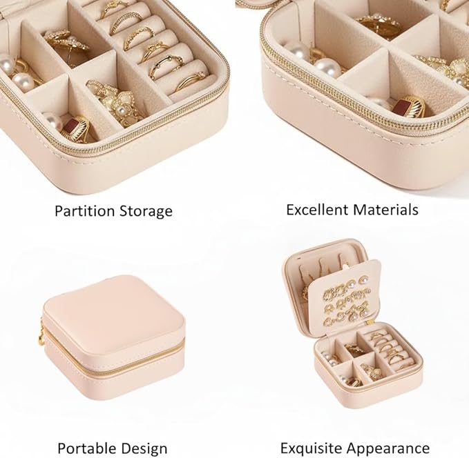Travel Jewelry Box, PU Leather Small Jewelry Organizer for Women Girls, Portable Mini Travel Case Display Storage Holder Boxes for Stud Earrings, Rings, Necklaces (Apricot color)