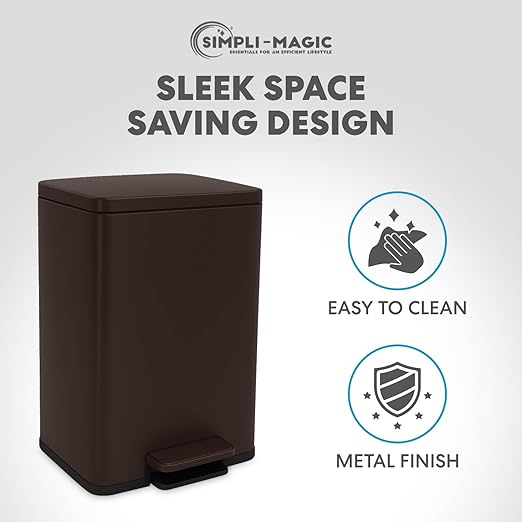 Simpli-Magic 50 Liter / 13.2 Gallon Soft-Close, Smudge Resistant Trash Can with Foot Pedal and Built in Filter- Brown