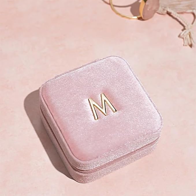 Vlando Small Travel Jewelry Box Organizer Display Case for Rings Earrings Necklaces Storage, Selected Soft Velvet, Letter M Engraved, Pink