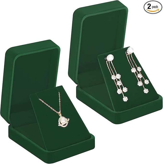 LETURE 2 Pieces Velvet Jewelry Gift Boxes for Necklace Pendant Earring Bracelet, Small Jewelry Storage Display Case for Christmas Wedding Engagement Birthday Anniversary (Green)