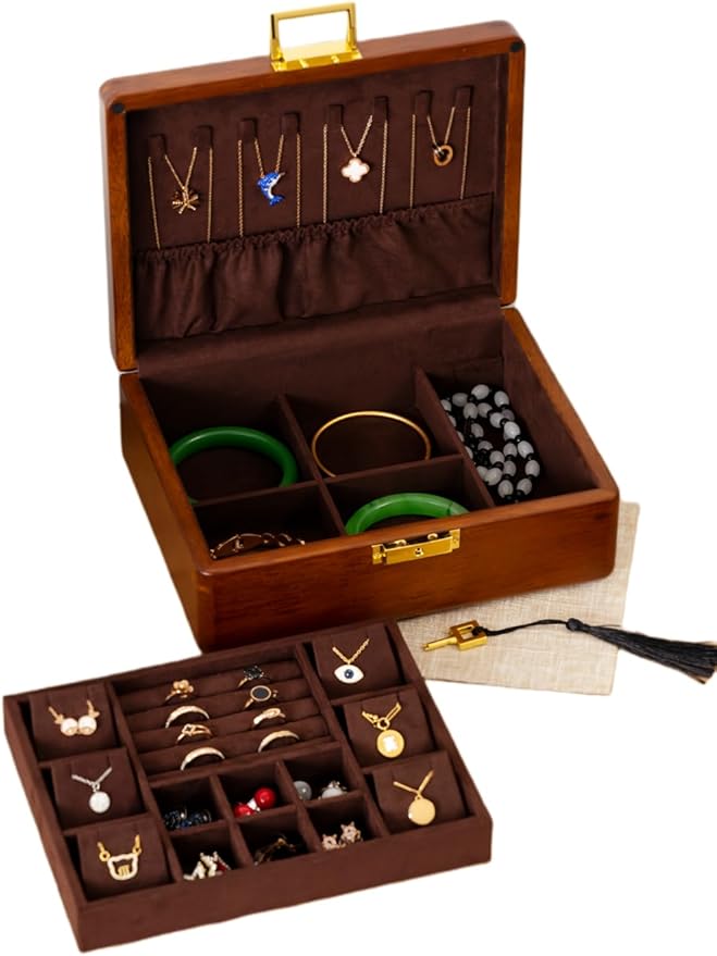 Solid Walnut Wood Jewelry Box with Lock, 2 Layer Velvet Jewelry Organizer Storage Lined for Earrings Rings Necklaces Bracelets Cufflink Gift Idea for Men Women, Vintage Brown
