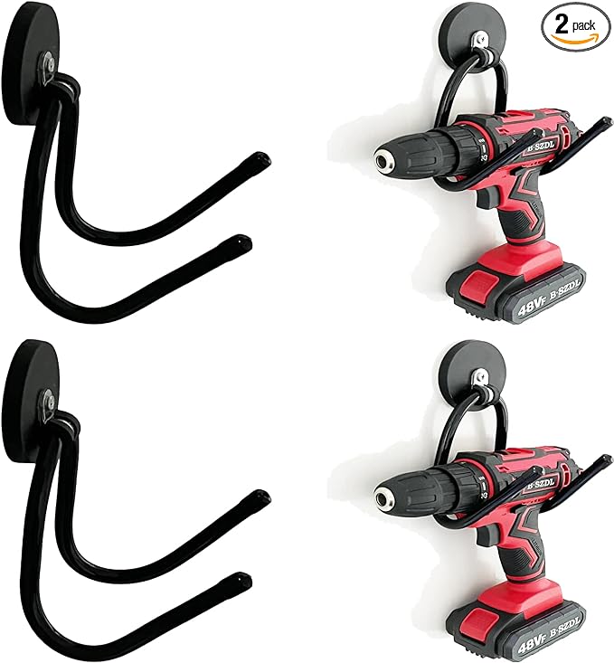 Pmsanzay 2 Pack Power Drill Tool Organizer Holder,Magnetic Tool Holders,Garage Tool Storage Rack,Heavy Duty Large Garage Magnet Utility Hooks with Rubber Coating, No Scratches - No Power Drill