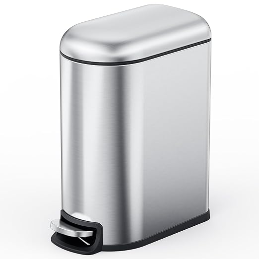 CEROELDA Small Bathroom Trash Can with Lid Soft Close, 5L/1.3 Gallon Stainless Steel Slim Garbage Can, Metal Waste Basket with Step Pedal, for Office, Bedroom, Toilet, Dorm Room (Silver, 1.3 Gallon)