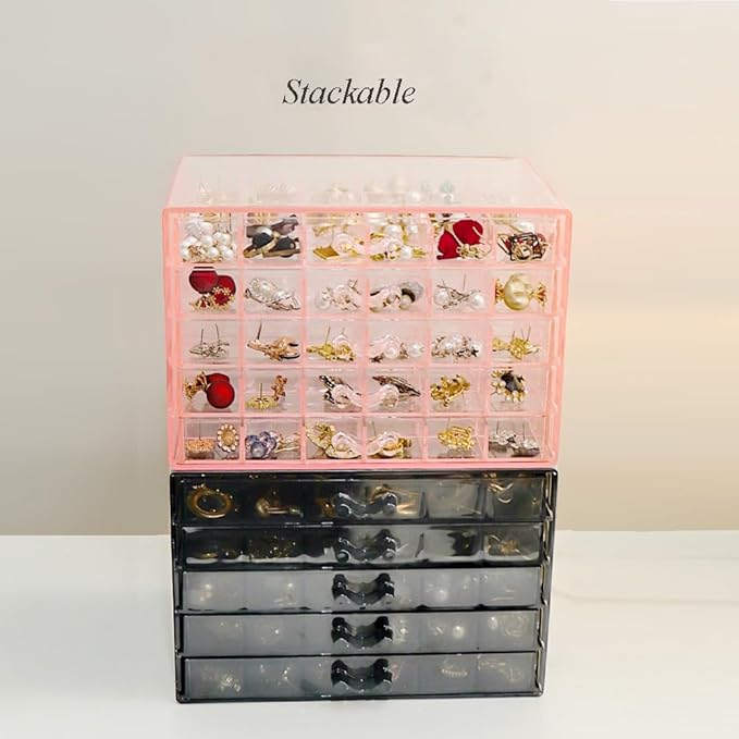 YUFONG Earring Storage Box Organizer, Acrylic Jewelry Storage Box Holder 5 Drawers Transparent Jewelry Display Stand with 120 Small Compartments Gift Boxes for Women Girls (Clear Pink)