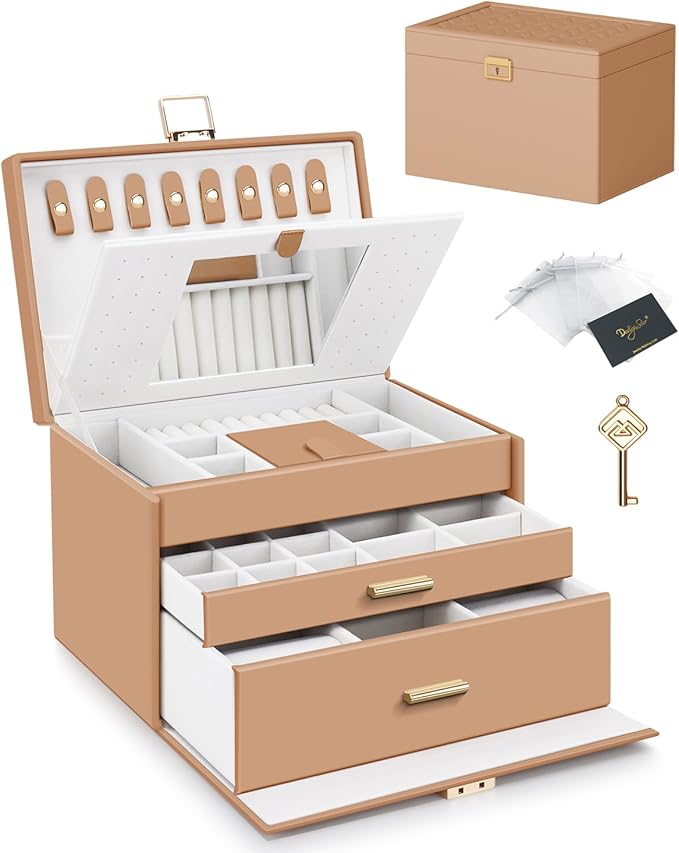 DesignSter Jewelry Box for Women Girl, 3-layer Lockable Jewelry Organizer with Mirror, Large Leather Jewelry Case for Earring Necklace Ring Bracelet Watch