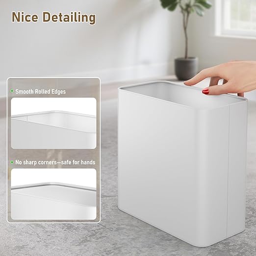 Small Bathroom Trash Can 2.4 Gallon Wastebasket Slim Metal Garbage Can Stainless Steel Trash Bin for Bedroom,Office,Kitchen,Toilet, rv, Near Desk, Under Sink (White)