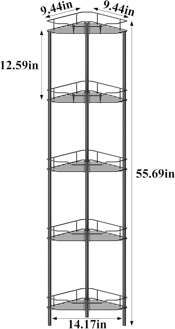 HuggieGems 5 Tier Floor Standing Corner Shower Caddy Organizer Shelf with Hooks, Bathroom Shelves Stand Rack, Matt Black