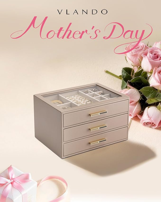 VLANDO 3 Layer Jewelry Box for Women, Mothers Day Gifts for Women, Glass Lid Jewelry Organizer with 3 Drawers for Necklaces Rings Earrings Bracelets - Toffee