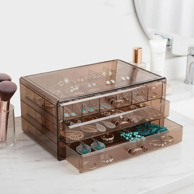 Earring Storage Box Organizer 3 Drawers Acrylic Jewelry Storage Box Holder Transparent Jewelry Display Stand with 72 Cells Gift for Women Girls