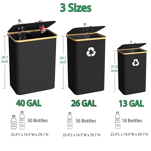 Recycling Bin Kitchen Indoor Home 40 Gallon 156L Recycle Bin with Lid 2 Removeable Reusable Inner Bag Bottle Can Glass Waste Plastice,Big Black