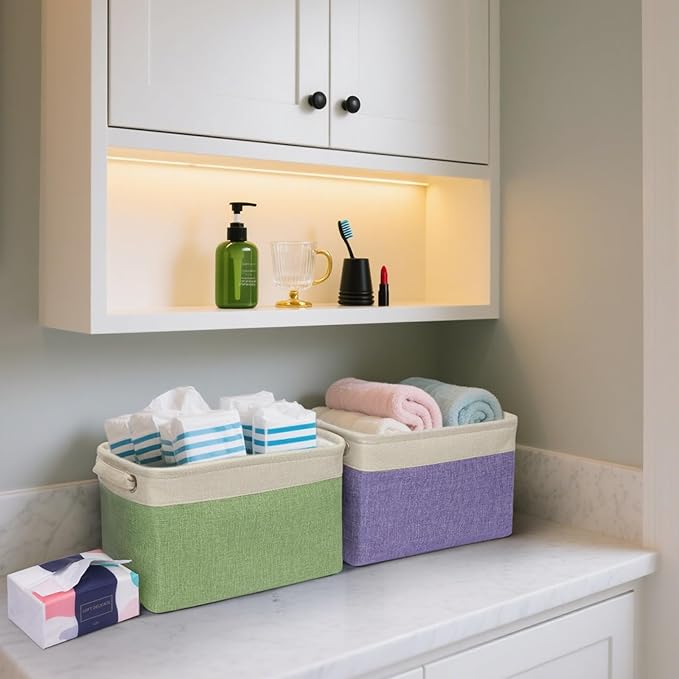 BALEINE 4 Pack Fabric Closet Storage Bins for Shelves, Linen Closet Organizers and Storage, Decorative Baskets for Organizing, Shelf, Clothes, Home, Office (Lavender, 12"x8"x8")