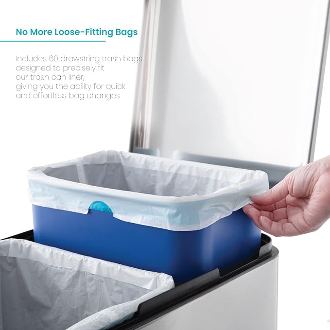 Home Zone Living 2-Pack 5 Gallon Kitchen Trash Bags with Drawstring Handles, Heavy Duty Custom Fit Design for 20 Liter Dual Recycling Liners, Code 20R, 60-Count