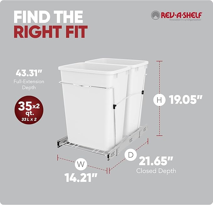 Rev-A-Shelf RV-18KD-11C S Double Pullout Trash Can for Kitchen Cabinets 35 Qt Garbage Recycling Bin on Full-Extension Slides, White