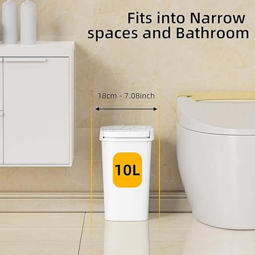 KSSKSS 3 Pack Bathroom Small Trash Can with Lid, 2.6 Gallon Slim Garbage Bin with Pop-Up Lid, 10L Plastic Wastebasket for Bedroom, Office, Kitchen, Toilet (White)