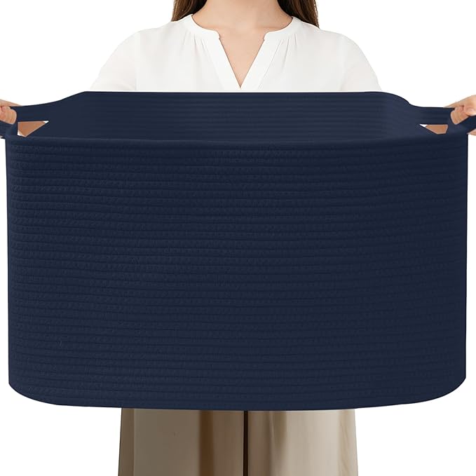 96L Large Blanket Basket,24"x16"x15"Rectangle Storage Bin with Handles,Woven Rope Laundry Basket for Toys, Clothes,Magazines,Home Organization,Nursery,Living Room & Bedroom,Navy