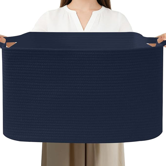 96L Large Blanket Basket,24"x16"x15"Rectangle Storage Bin with Handles,Woven Rope Laundry Basket for Toys, Clothes,Magazines,Home Organization,Nursery,Living Room & Bedroom,Navy