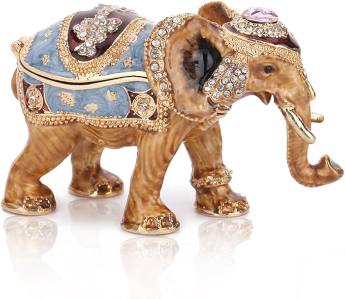 Hand Painted Trinket Box Enamel Vintage Jewelry Box Elephant Hinged Metal Jewelry Organizer Decorative Treasure Box Unique Gifts for Animal Lover