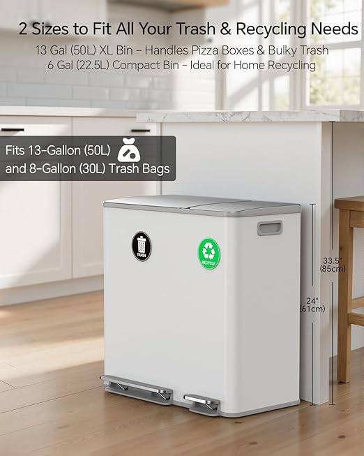 Lovewind Dual Trash and Recycling Bins for Kitchen, 13+6 Gallon Stainless Steel Garbage and Recycle Bin Combo for Large Families, Dual Trash Can with Soft Close Lid & Magnetic Stickers, White