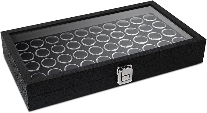 MOOCA Black Glass Top Jewelry Display Case Box 50 Gem Jars, Ring Box, Jewelry Organizer, Gem jar storage for Jewelry, Glass Display Box, storage Tray