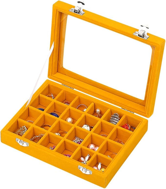 24 Grids Velvet Glass Ring Earrings Jewelry Box Earrings Organiser Storage Holder Display Case