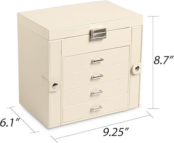 Frebeauty 5-layer Jewelry Box,Faux Leather Jewelry Organizer with 4 Drawers,Jewelry Organizers and Storage with Mirror,Jewelry Holder Organizer for Necklace,Jewerly Boxes for Women Girls(Beige)