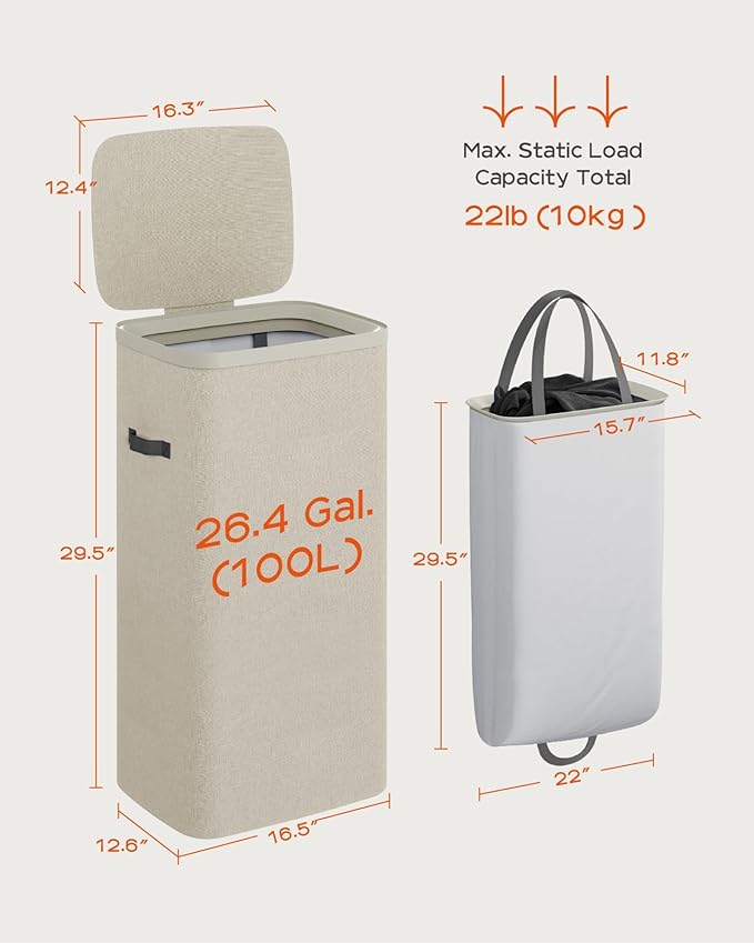 CASAMAYA Laundry Basket with Lid, Laundry Hamper 100L, collapsible Laundry Organizer, Easy Assembly, with Handles and Removable Liners, 16.5 x 12.6 x 29.5 Inches, Beige JSP902M