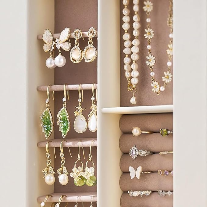 Jewelry Box Organizer for Women: 360 Rotating Vertical Storage Case, Ivory Leather with Pink Velvet, Ring Necklace Bracelet Holder, Gift Decor, 10 x 8.7 x 3.9 in