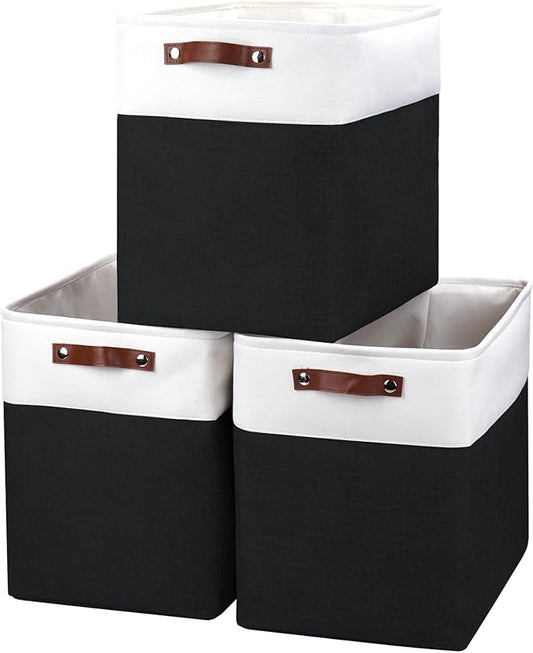 Bagnizer Large Fabric Storage Baskets | 50L Storage Bins, Decorative Linen Closet Baskets with Handles for Organizing, Shelf, Toys, Clothes, Home, Office, Nursery, 17x12x15Inches (Black&White)