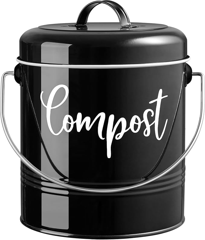 DAYYET Compost Bin Kitchen, 1.3 Gallon Farmhouse Kitchen Compost Bin Countertop, Indoor Countertop Compost Bucket with Lid and Charcoal Filters, Black