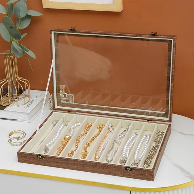 Glass Lid Necklace Organizer Box Transparent Necklace Holder Organizer Velvet Necklace Display Box Clear Lid Jewelry Storage Stackable Necklace Display Case for Women Girls (Style C)