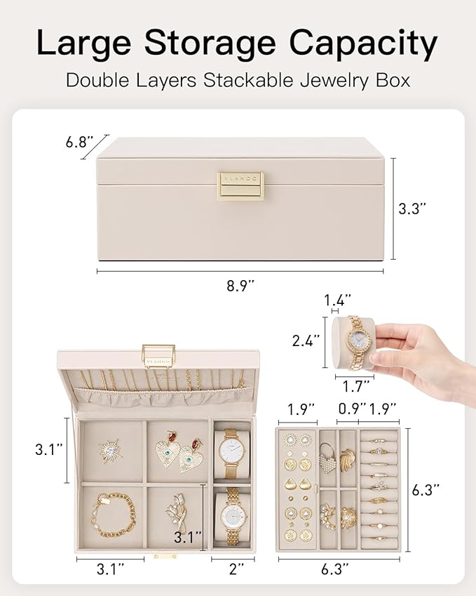 VLANDO 2 Layer Jewelry Boxes Large Jewelry Organizer for Women Removable Jewelery Tray for Watch Necklace Earrings Rings Bracelets Mothers Gifts Mom Gifts(Apricot White)