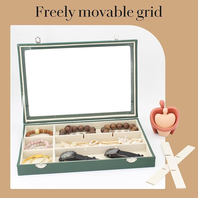 KOOAAICCHI Jewelry Tray Organizer with Clear Lid - 12 Grid Storage Display Case with Lock Earring Ring Organizer Showcase Gifts for Women-Green