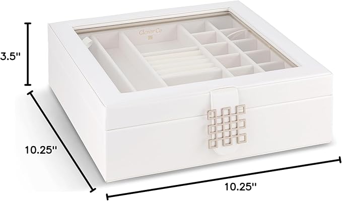 Glenor Co 28 Section Jewelry Box - 2 Layer - Buckle Snap & Magnet Closure - Large Glass Top - Leather Design - White - Jewelry Organizer for Women & Girls - for Earring Ring Necklace & Bracelet