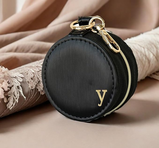 COLLECTIVE HOME - Monogrammed Letter Jewelry Case, Portable Travel Ring Holder Box with Keychain, Personalized Initial Organizer for Earrings Necklaces, Gift for Her (Black-y)