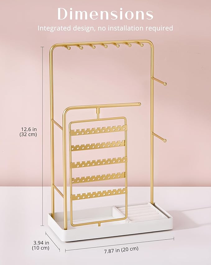 ProCase Jewelry Stand Holder Organizer, Jewelry Display Storage with Ring Tray, Rotating Earring Bracelet Necklace Holder, Valentine's Gifts Room Dorm Decor for Teen Girls -Gold (No-Assembly)