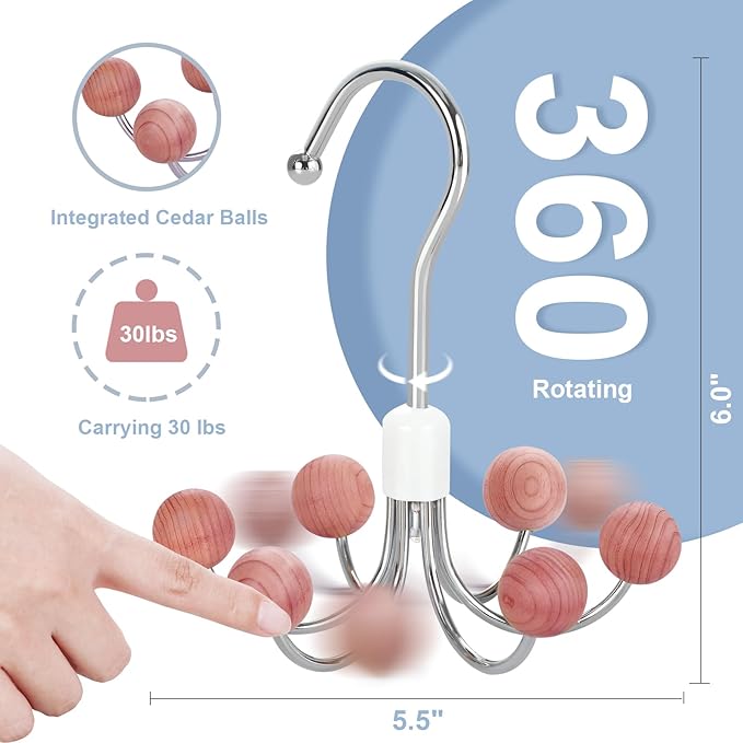 TOPIA HANGER Hoodie Hanger with 6 Cedar Balls, 360°Swivel Purse Hanger, Scarf Hanger, Closet Hooks, Handbag Organizer, Bra Hanger, Accessory Organizers for Scarf, Tanktop, Hat, Hoodie CT56C
