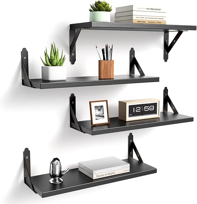 ROMGUAR CRAFT Wood Floating Shelves Set of 4, Rustic Storage Decor Wall Shelves, Wall Mounted Shelf for Living Room, Bedroom 17" x 6", Black