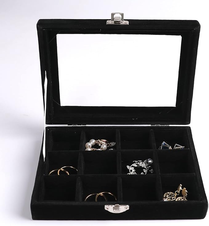 Frebeauty Jewelry Organizer Tray with Clear Lid,12 Grid Velvet Drawer Insert Jewelry Box with Transparent lid Jewelry Display Case Store Showcase Jewelry Box Gift for Women(Black,12 Grid)