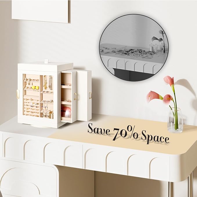 TidyStash 360° Rotating Jewelry Organizers and Storage, Large Jewelry Boxes for Women Necklace, Ring Earring Storage, Vertical Accessory Organizers and Storage, Cream White
