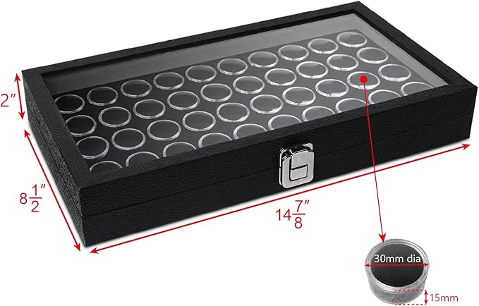 MOOCA Black Glass Top Jewelry Display Case Box 50 Gem Jars, Ring Box, Jewelry Organizer, Gem jar storage for Jewelry, Glass Display Box, storage Tray